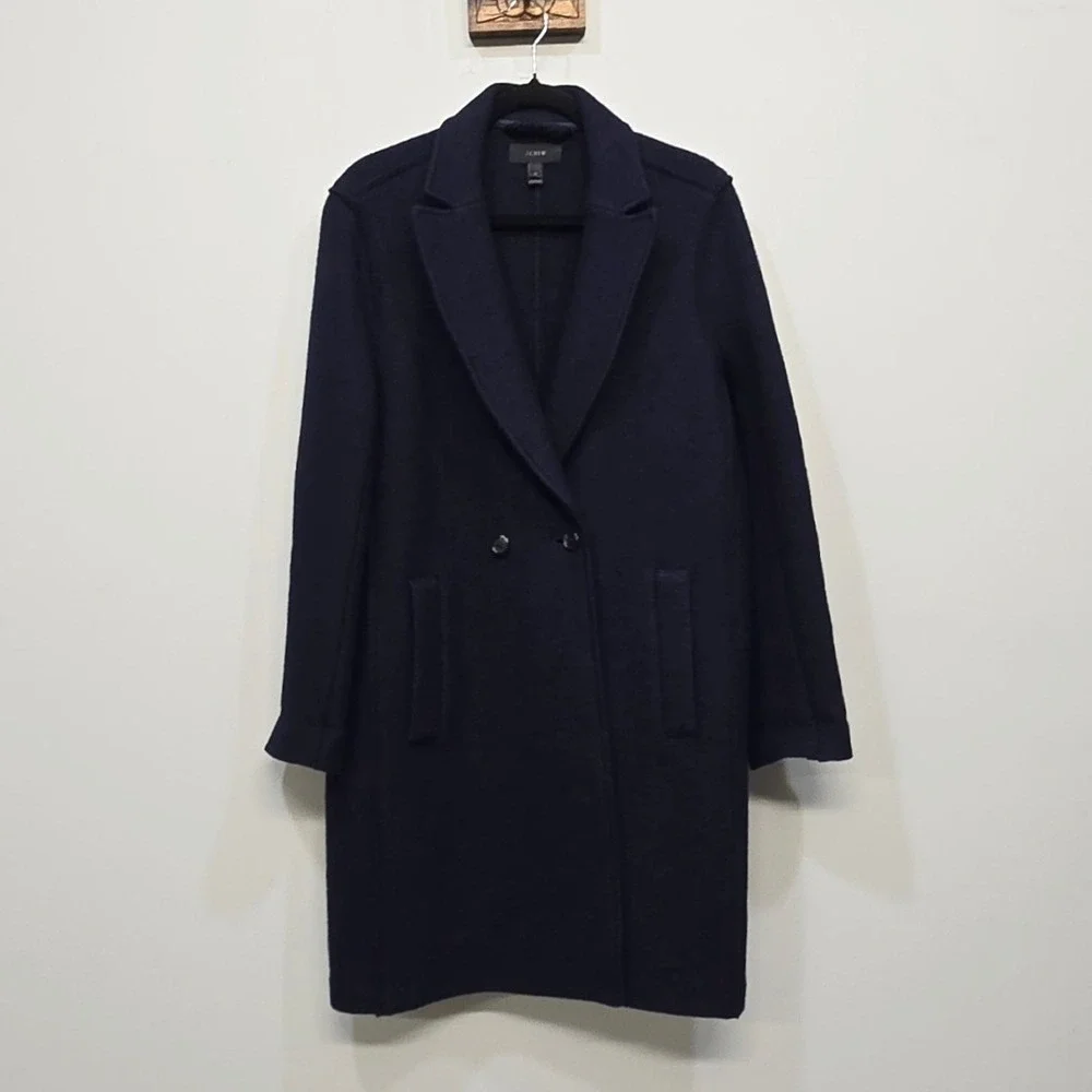 J Crew Daphne Italian Boiled‎ Wool Over Coat Women 12 Navy Double Breasted Long